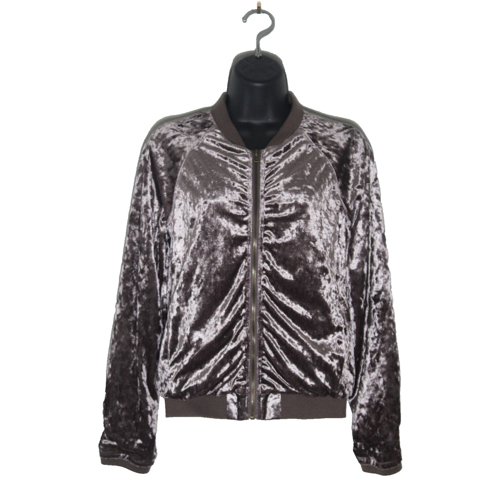 Jolt Women's Crushed Velvet Bomber Jacket Brown Zip-Up Size S